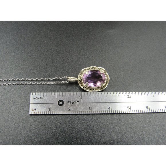 18" Sterling Silver Good Size Purple Amethyst Pendant Necklace Vintage - Picture 6 of 7